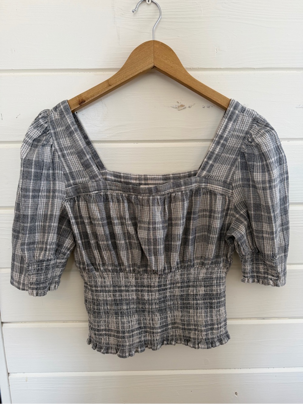 Universal Thread Gray Plaid Square Neck Smocked Waist Top